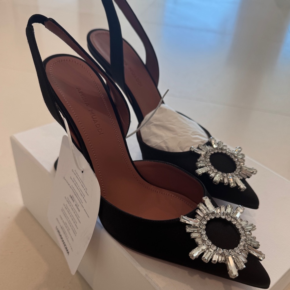 Amina Muaddi Satin Black Slingback with Silver Embellishments